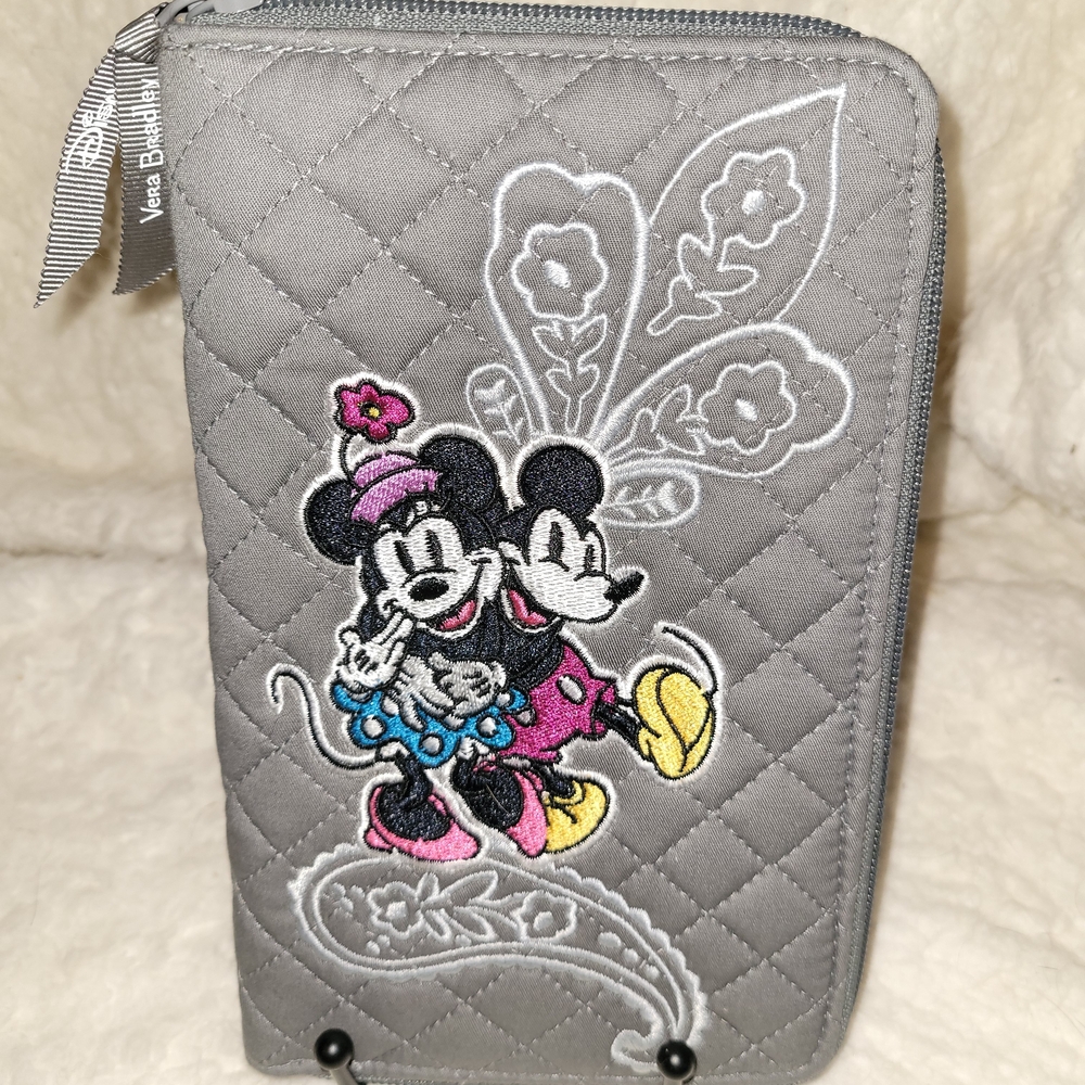 Vera Bradley Large Gray Quilted Wallet with Mickey and Minnie Embroidery